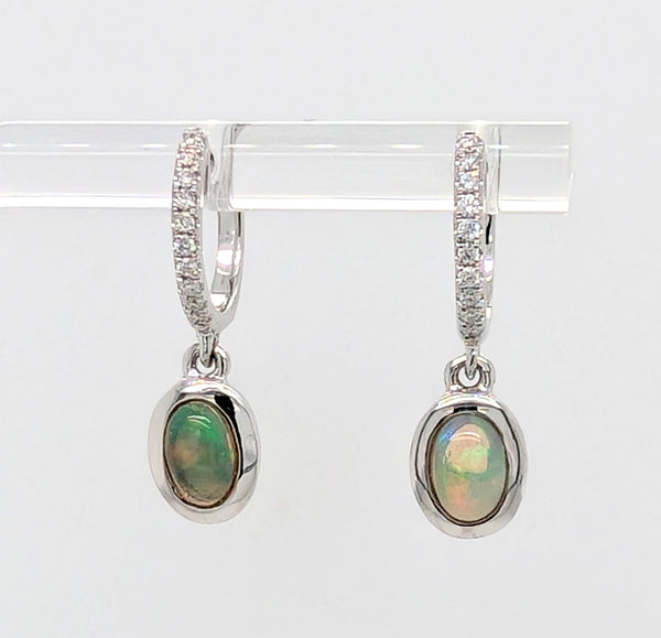14K White Gold Opal and Diamond Hoop Earrings