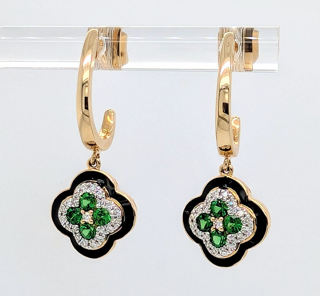 14K Yellow Gold Diamond and Tsavorite Garnet Earrings with Black Enamel