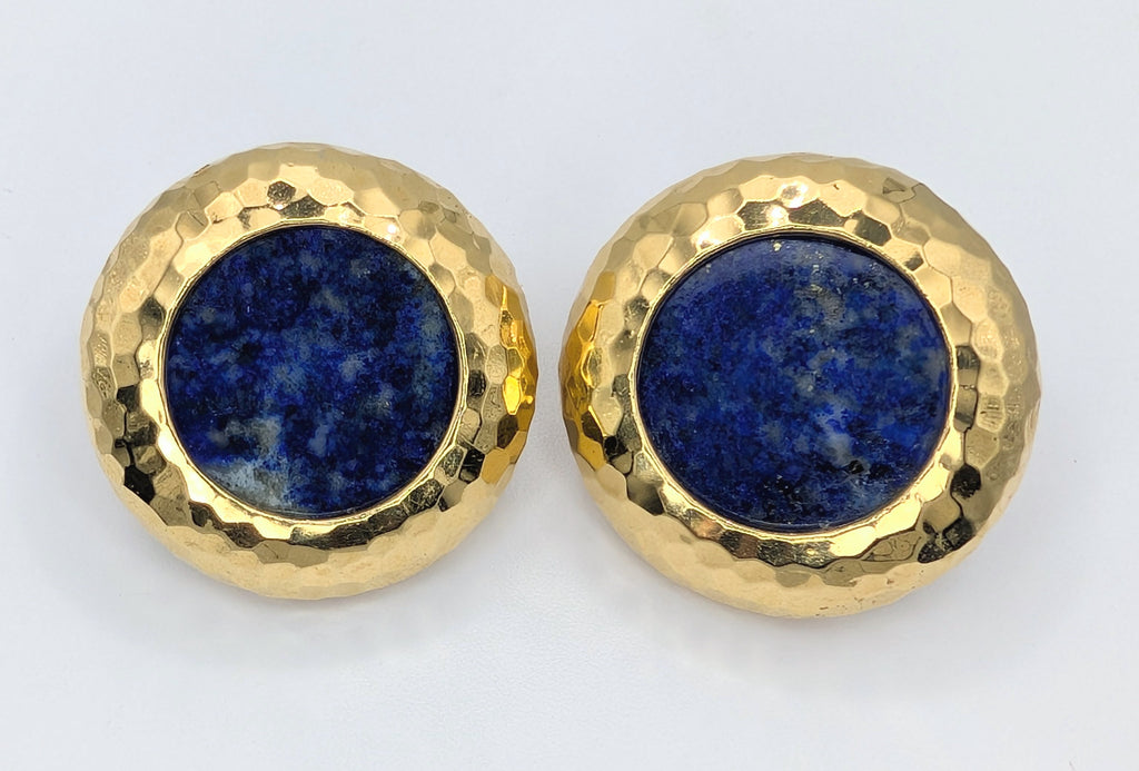 18K Yellow Gold Hammered Statement Earrings with Lapis