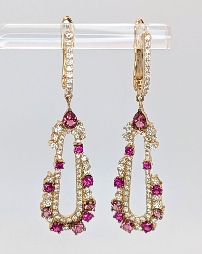 14K Yellow Gold Diamond, Ruby, and Pink Tourmaline Earrings
