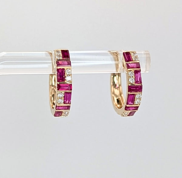 14K Yellow Gold Ruby and Diamond Mosaic Huggie Hoops