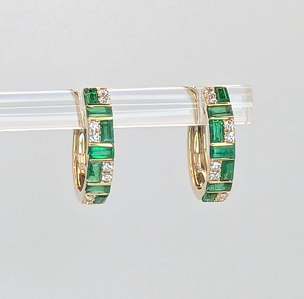 14K Yellow Gold Emerald and Diamond Mosaic Huggie Hoops