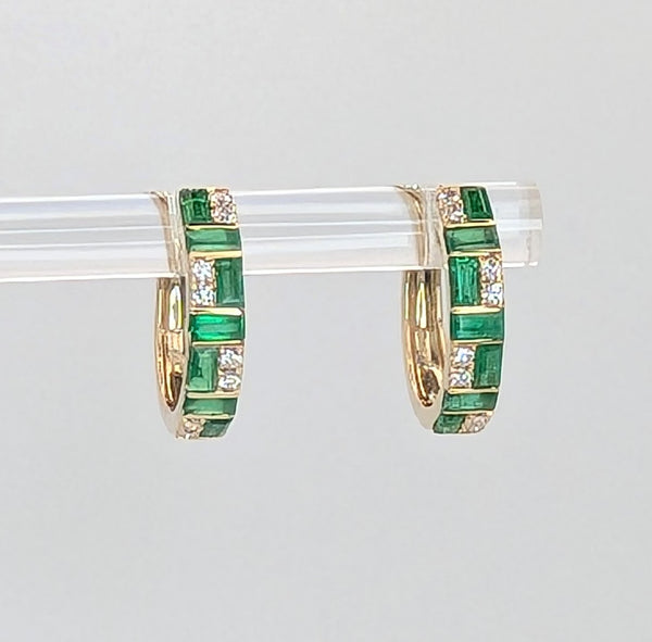 14K Yellow Gold Emerald and Diamond Mosaic Huggie Hoops