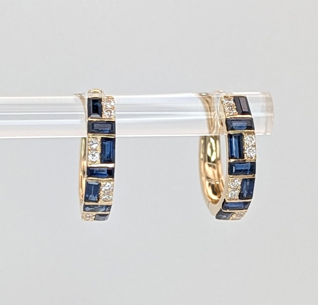 14K Yellow Gold Sapphire and Diamond Mosaic Huggie Hoops