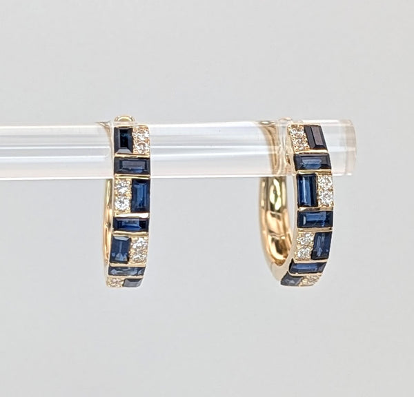 14K Yellow Gold Sapphire and Diamond Mosaic Huggie Hoops