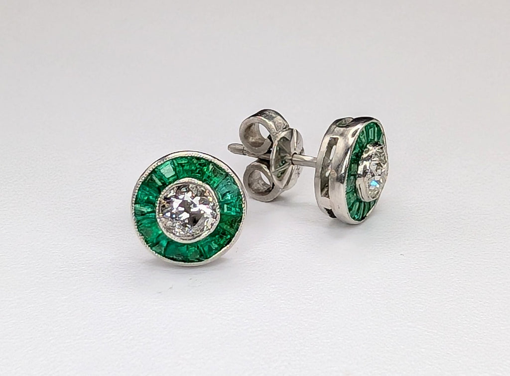 Platinum Diamond and Emerald Bullseye Stud Earrings