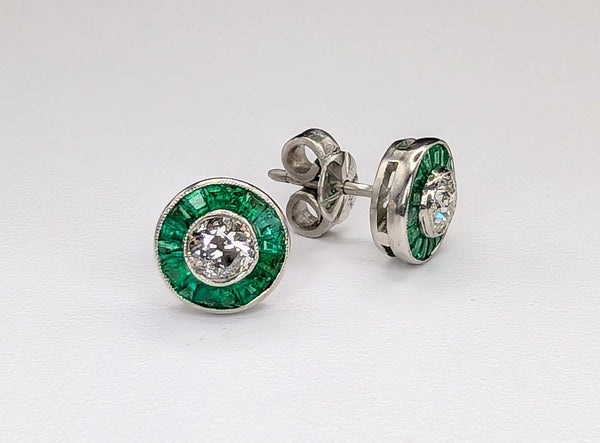 Platinum Diamond and Emerald Bullseye Stud Earrings