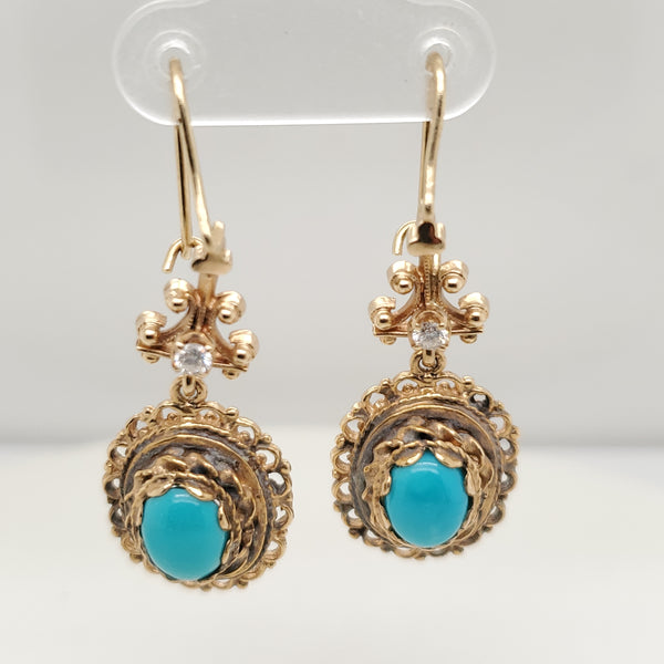 Vintage 14kt Yellow Gold Turquoise and Diamond Earrings