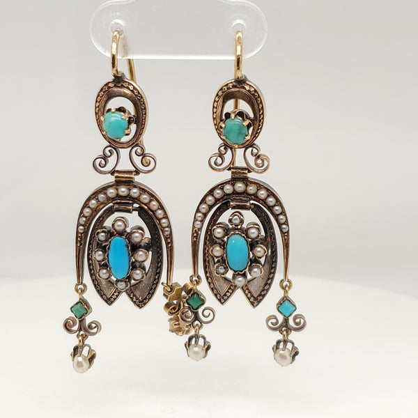 Antique Victorian 14kt Yellow Gold Turquoise and Pearl Earrings