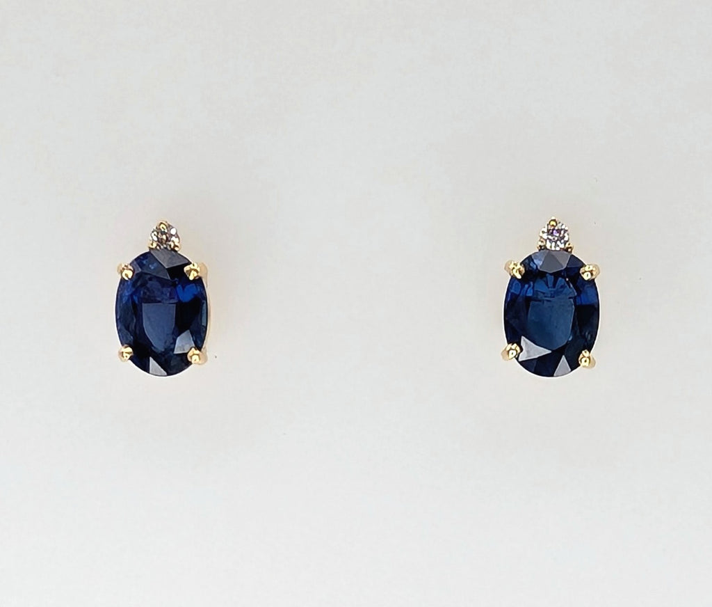 14K Yellow Gold Fine Royal Blue Sapphire and Diamond Stud Earrings