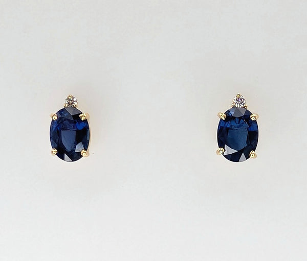 14K Yellow Gold Fine Royal Blue Sapphire and Diamond Stud Earrings