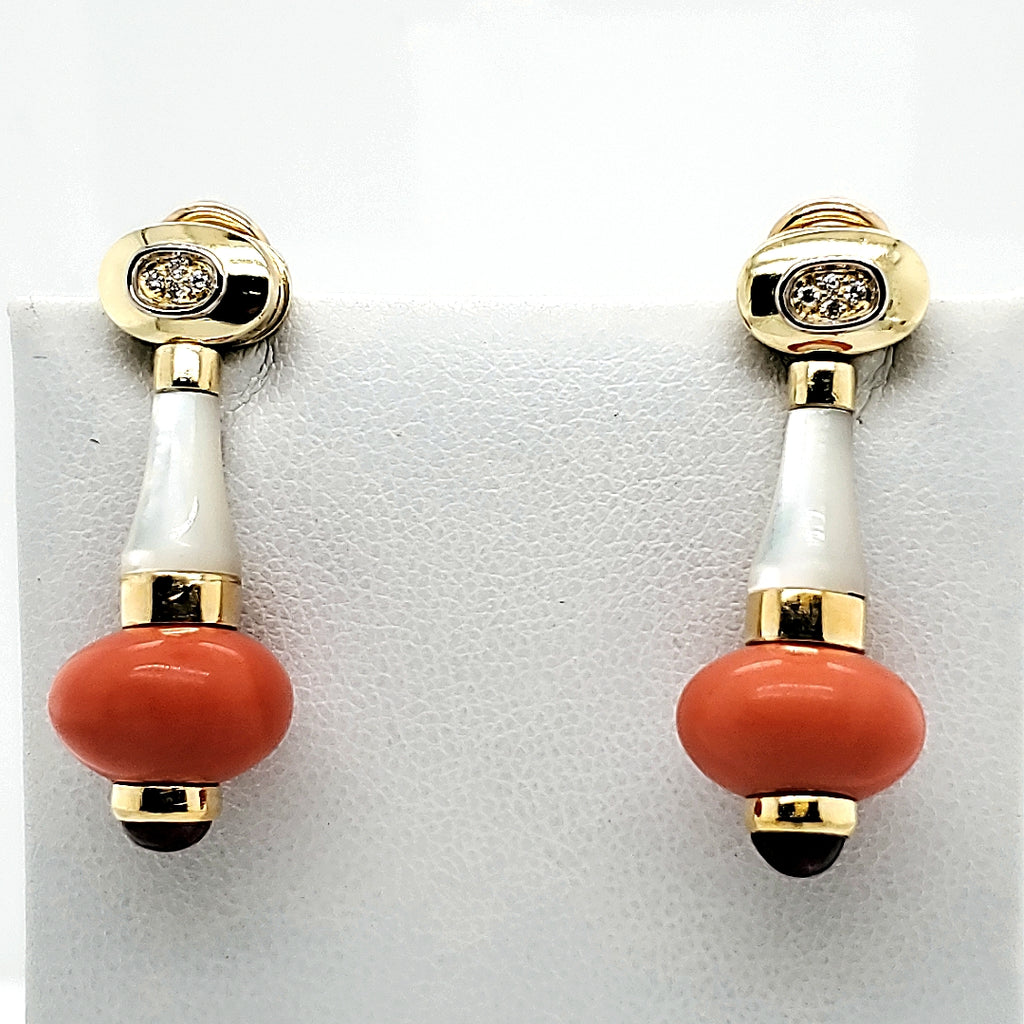 Art Deco style 18kt yellow gold coral, diamond, mother of pearl and garnet earrings