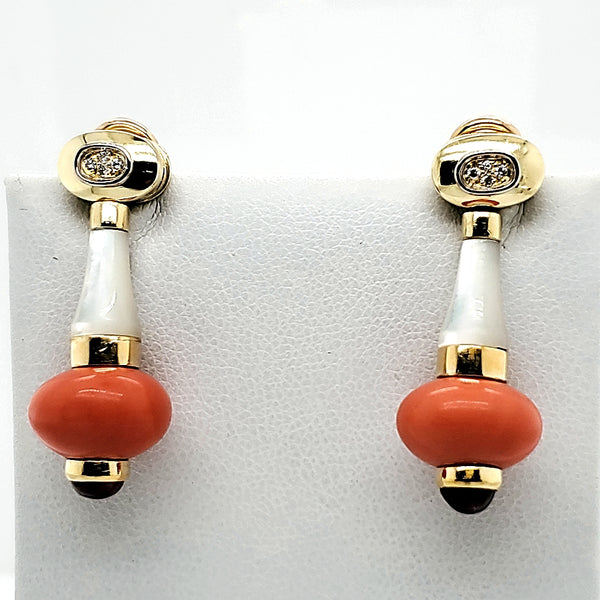 Art Deco style 18kt yellow gold coral, diamond, mother of pearl and garnet earrings