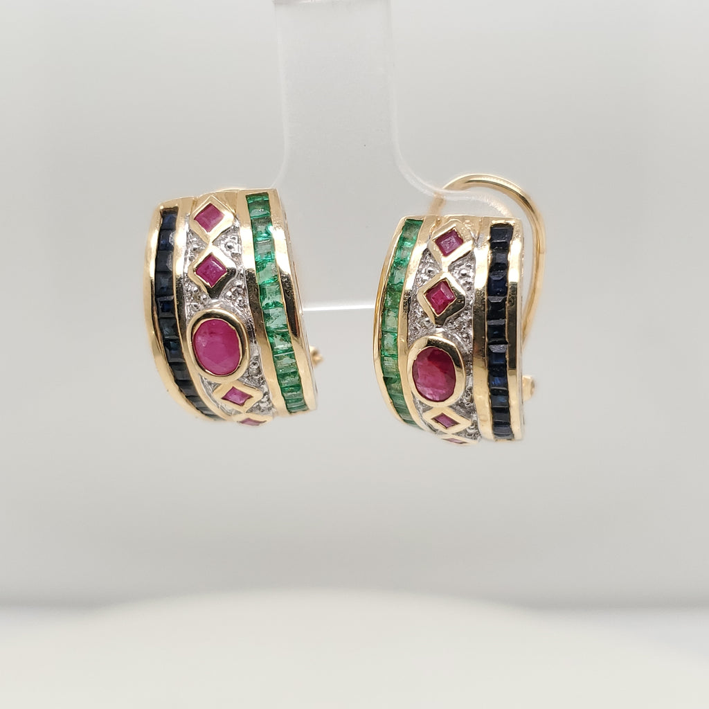 14kt Yellow Gold Ruby Sapphire Emerald and Diamond Half Hoop Earrings