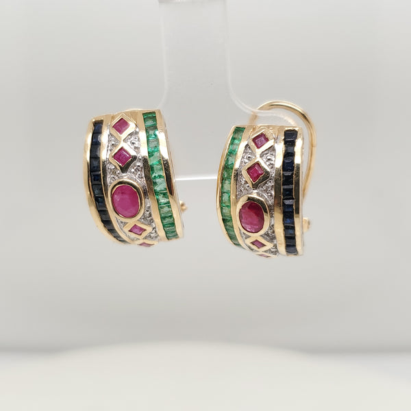14kt Yellow Gold Ruby Sapphire Emerald and Diamond Half Hoop Earrings