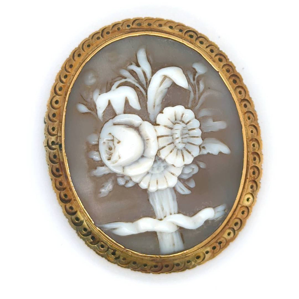 White Flower On Gray Background Cameo 14Kt Yg