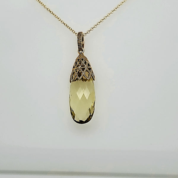 18kt yellow gold briolette cut lemon quartz pendant necklace