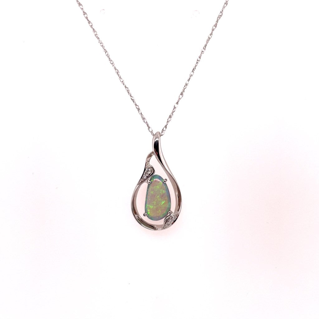 14kt White Gold Opal And Diamond Necklace