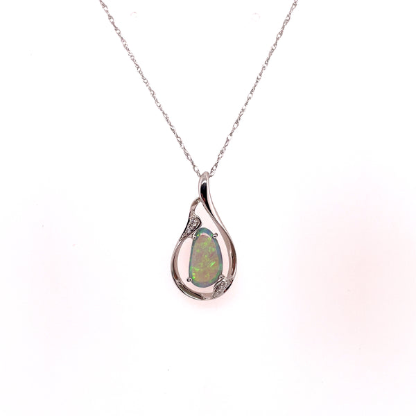 14kt White Gold Opal And Diamond Necklace
