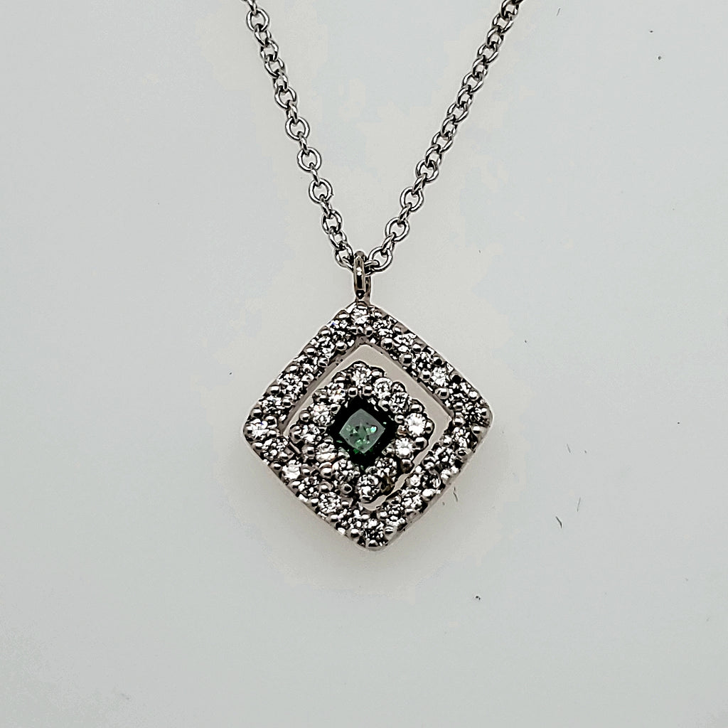 18kt White Gold Emerald and Diamond Pendant Necklace