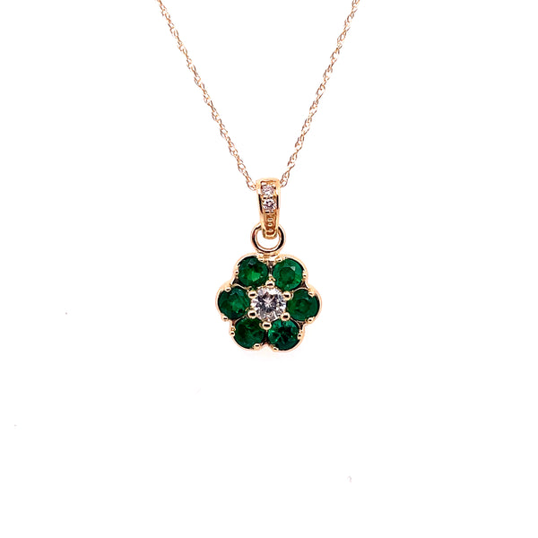 14kt Yellow Gold Emerald And Diamond Floral Pendant