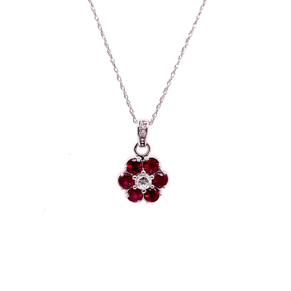 14kt White Gold Ruby And Diamond Pendant On Cable Chain