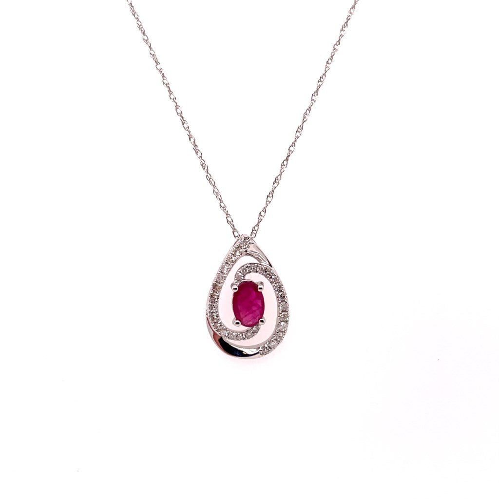 14kt White Gold Oval Shape Ruby And Diamond Pendant