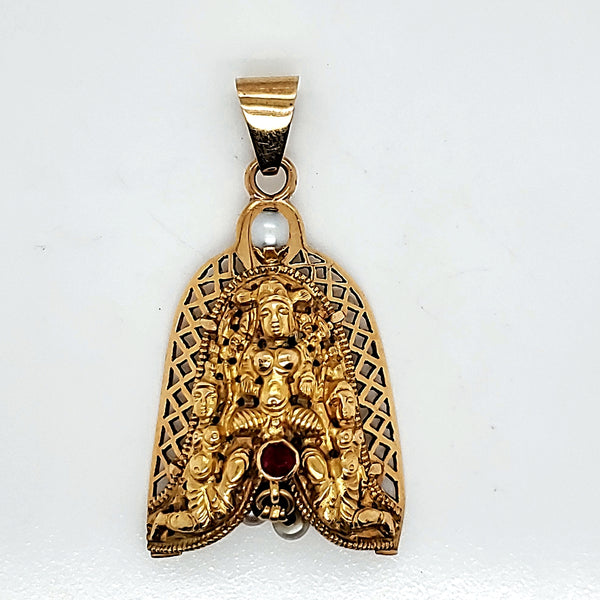 Indian 18kt Yellow Gold Ruby and Pearl Pendant