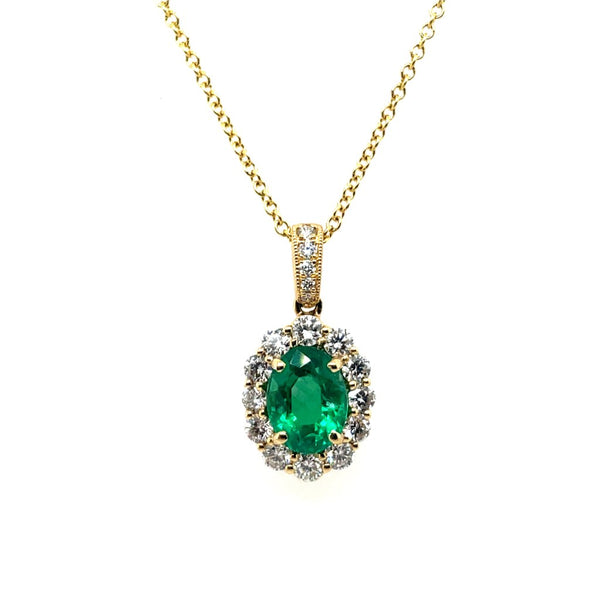 18kt Yellow Gold Emerald And Diamond Pendant On Cable Chain