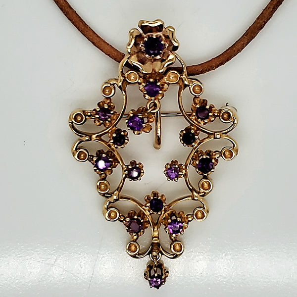 Modern Art Nouveau Style 14kt Yellow Gold and Amethyst Pendant/Brooch