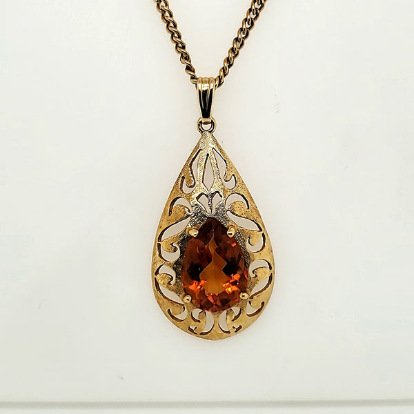 Vintage 14Kt Yellow Gold Citrine Pendant Necklace