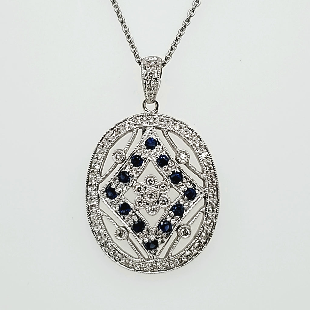 14kt White Gold Diamond and Sapphire Pendant Necklace