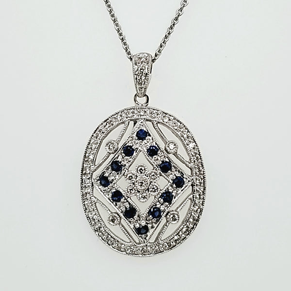 14kt White Gold Diamond and Sapphire Pendant Necklace