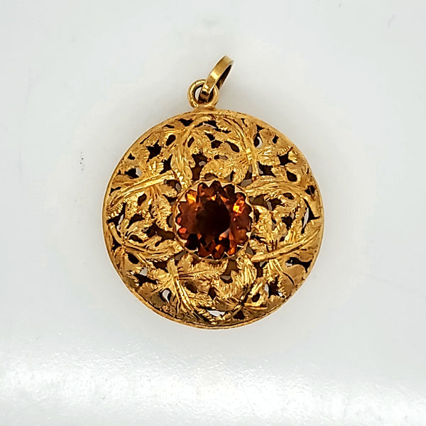Vintage 18kt Yellow Gold and Citrine Filigree Pendant
