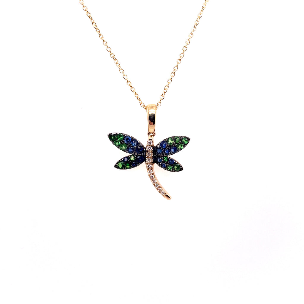 14kt Yellow Gold Sapphire Tsavorite Garnet And Diamond Dragonfly Pendant