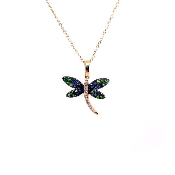 14kt Yellow Gold Sapphire Tsavorite Garnet And Diamond Dragonfly Pendant