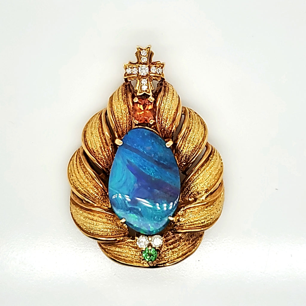 Yasu 18kt Yellow Gold Opal Garnet and Diamond Pendant/Brooch