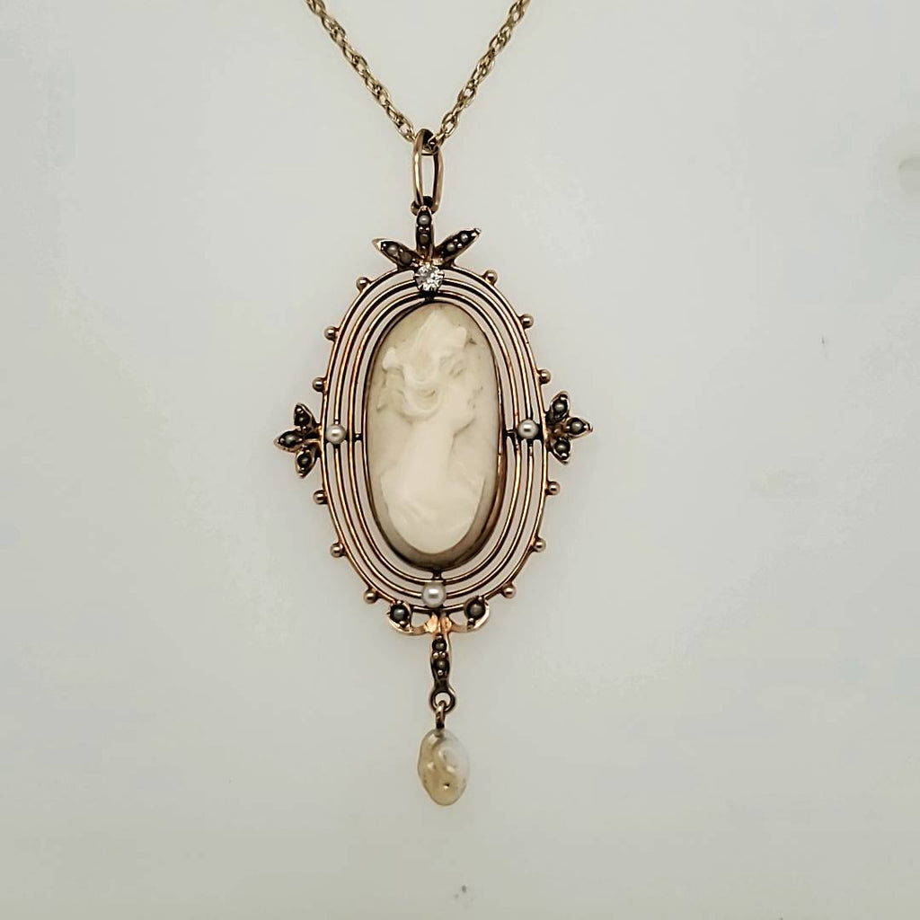 Antique Victorian Shell Cameo Diamond And Pearl Lavaliere