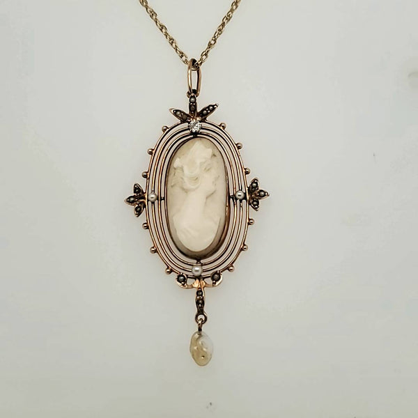 Antique Victorian Shell Cameo Diamond And Pearl Lavaliere