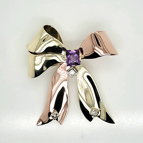 1940S Retro 14Kt Rose and Green Gold Amethyst and Diamond Bow Pendant