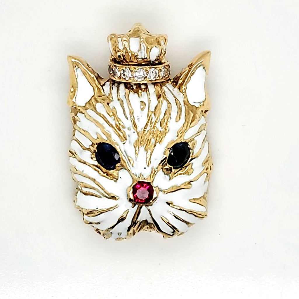 18kt Yellow Gold Sapphire Ruby and Diamond Enameled Cats Face Pendant