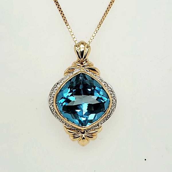 14kt Yellow Gold Fantasy Cut Blue Topaz and Diamond Pendant Neckalce