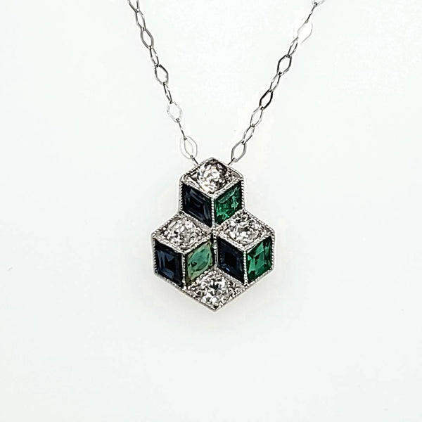 Unique Art Deco Platinum Emerald Sapphire and Diamond Pendant