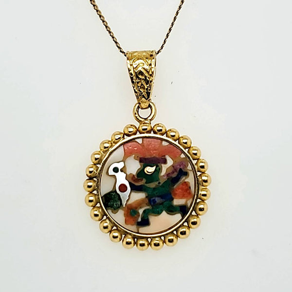 Vintage Peruvian 18kt Yellow Gold inlaid Gemstone Pendant Necklace