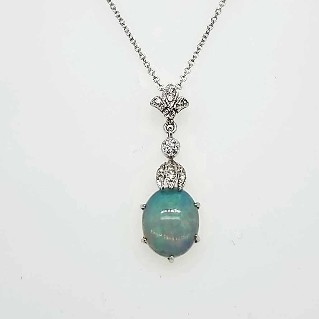 18kt White Gold Opal and Diamond Pendant Neckalce