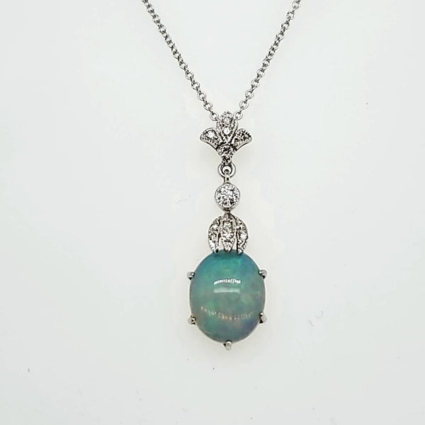 18kt White Gold Opal and Diamond Pendant Neckalce