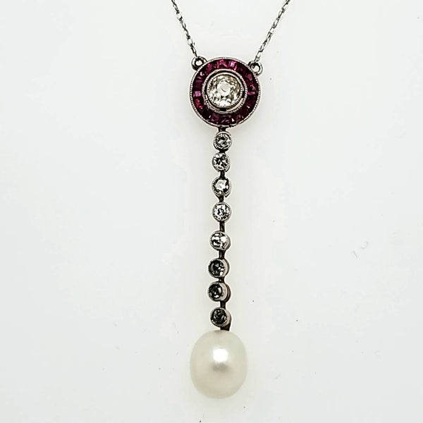 Vintage Platinum On Yellow Gold Diamond Ruby And Pearl Necklace