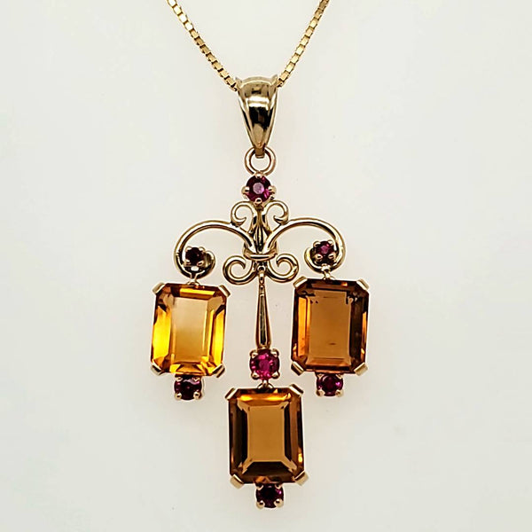 Vintage 1940s Retro 14kt Yellow Gold Citrine and Ruby Pendant Necklace