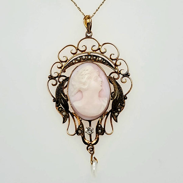 Antique Victorian 10kt Yellow Gold Carved Angel Skin Cameo Lavalier
