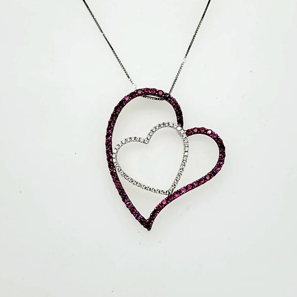 14kt White Gold Diamond and Ruby Open Heart Pendant